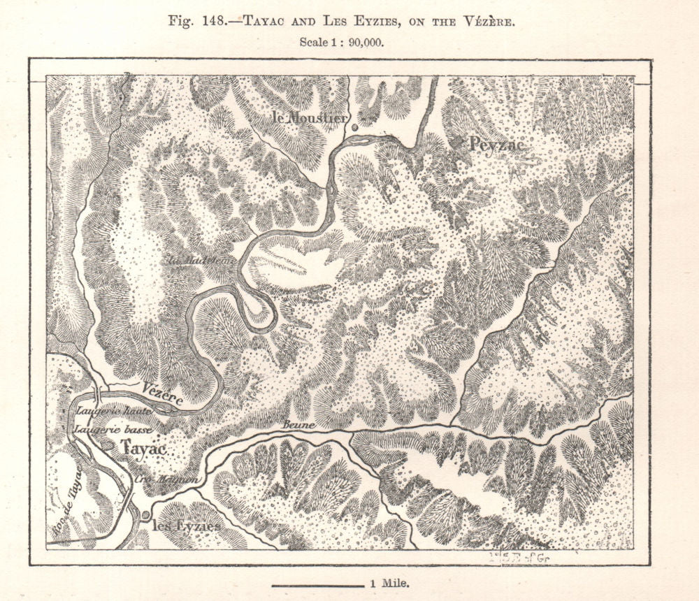 Tayac and Les Eyzies, on the Vézère. Peyzac. Gironde. Sketch map 1885 old